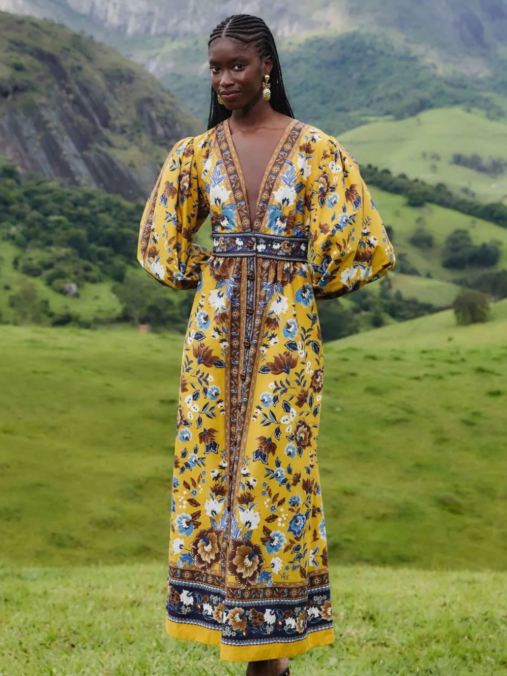 Farm Rio Yellow Floral Print Organic Cotton Maxi Dress